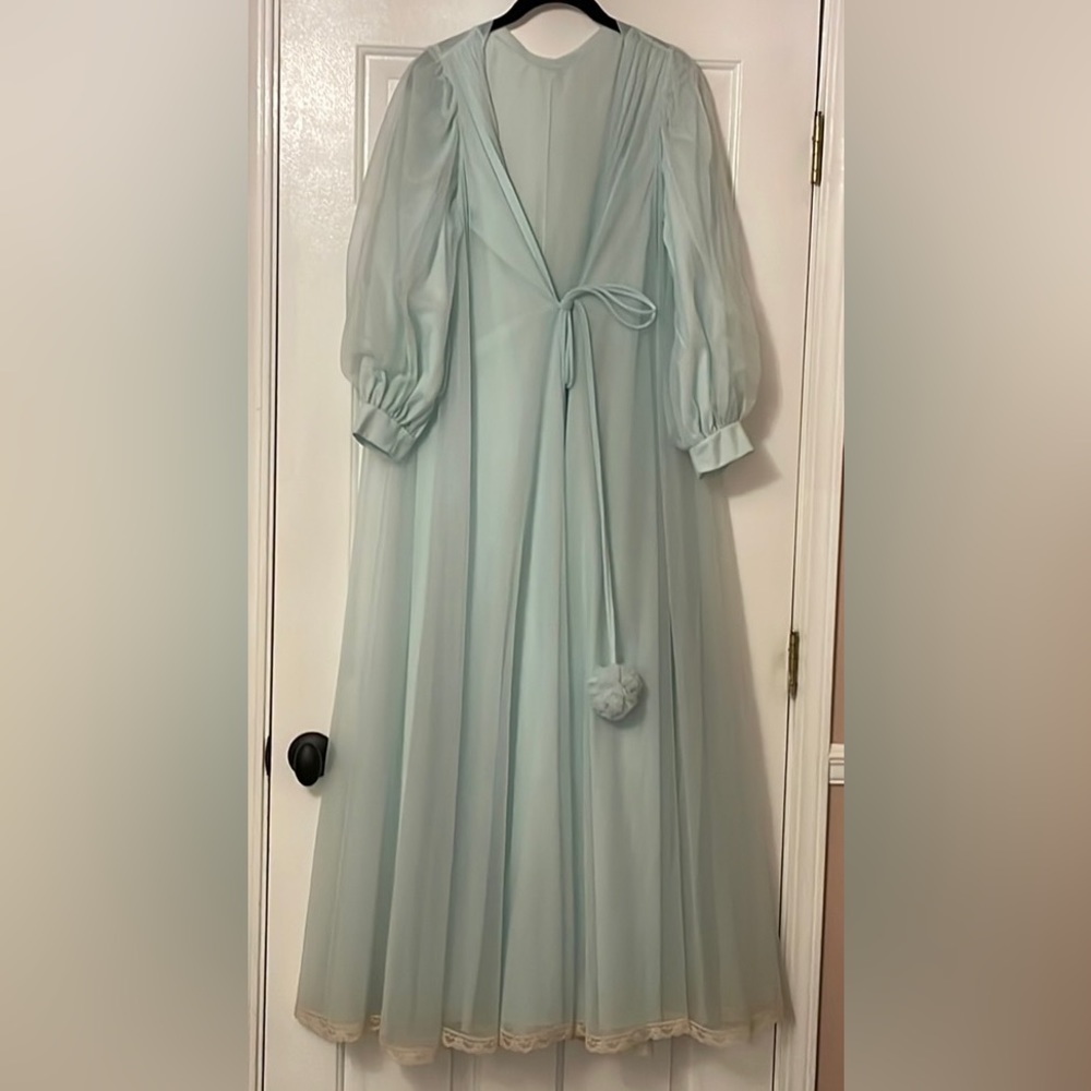 Claire Sandra by Lucie Ann mint or sea foam Vintage Pom Pom Robe Peignoir